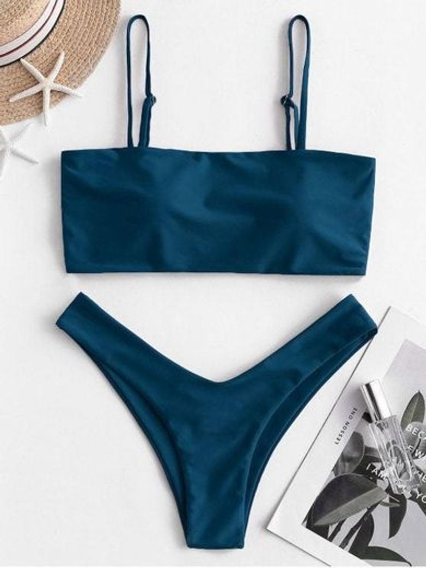 Fashion High Cut Cami Bikini Set - Peacock Blue