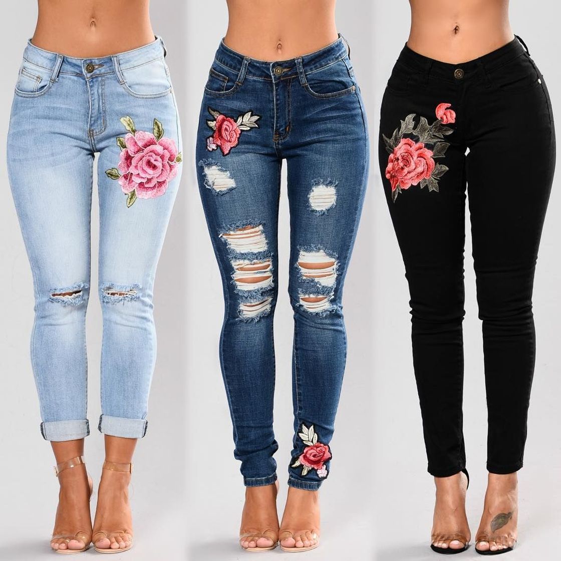 Social 2020 Vintage Slim Flower Bordado Jeans para Mujer Skinny Denim Blares Pantalones