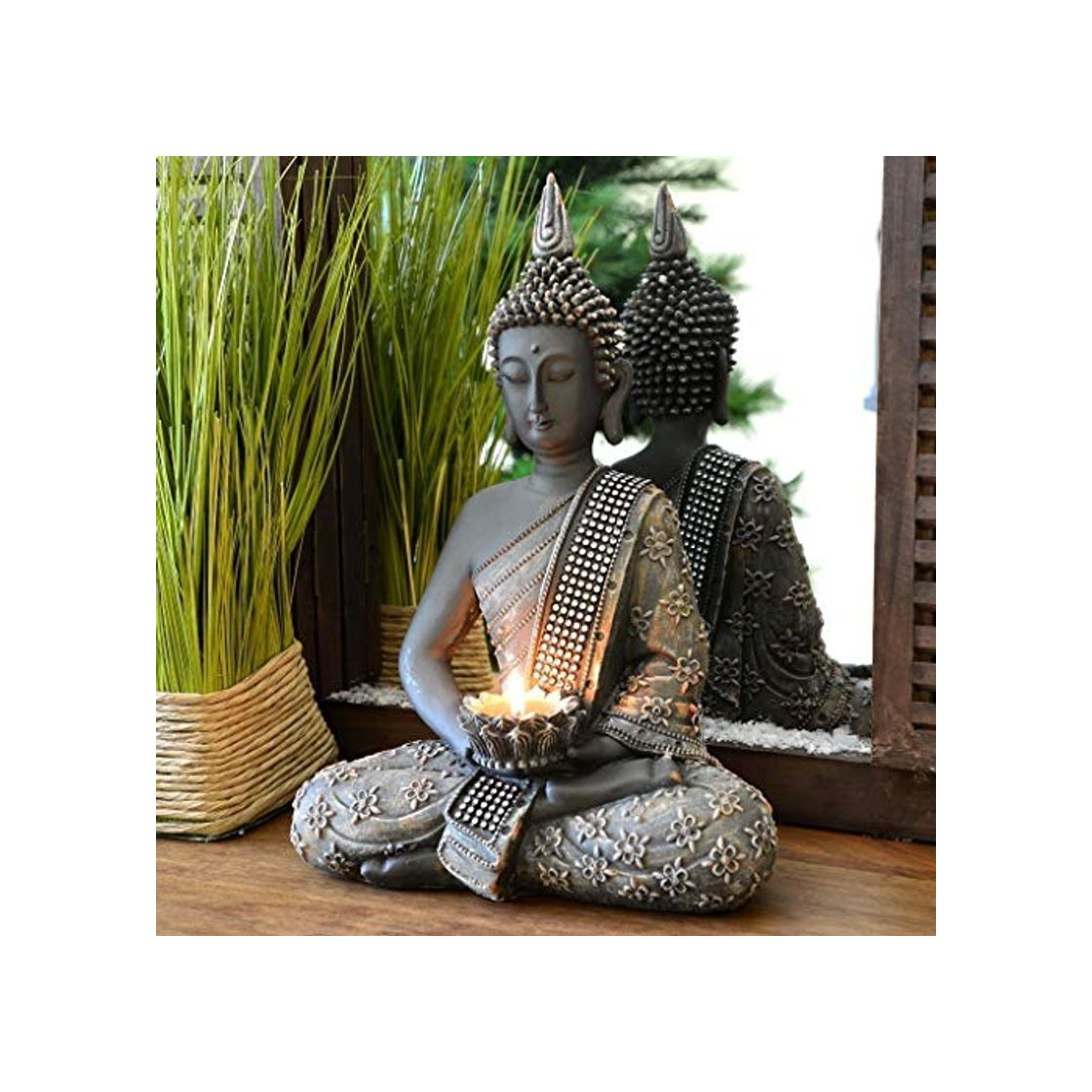 Social INtrenDU® Buda Figura Decorativa Chino 31 cm con candelabro decoración Zen para Interior