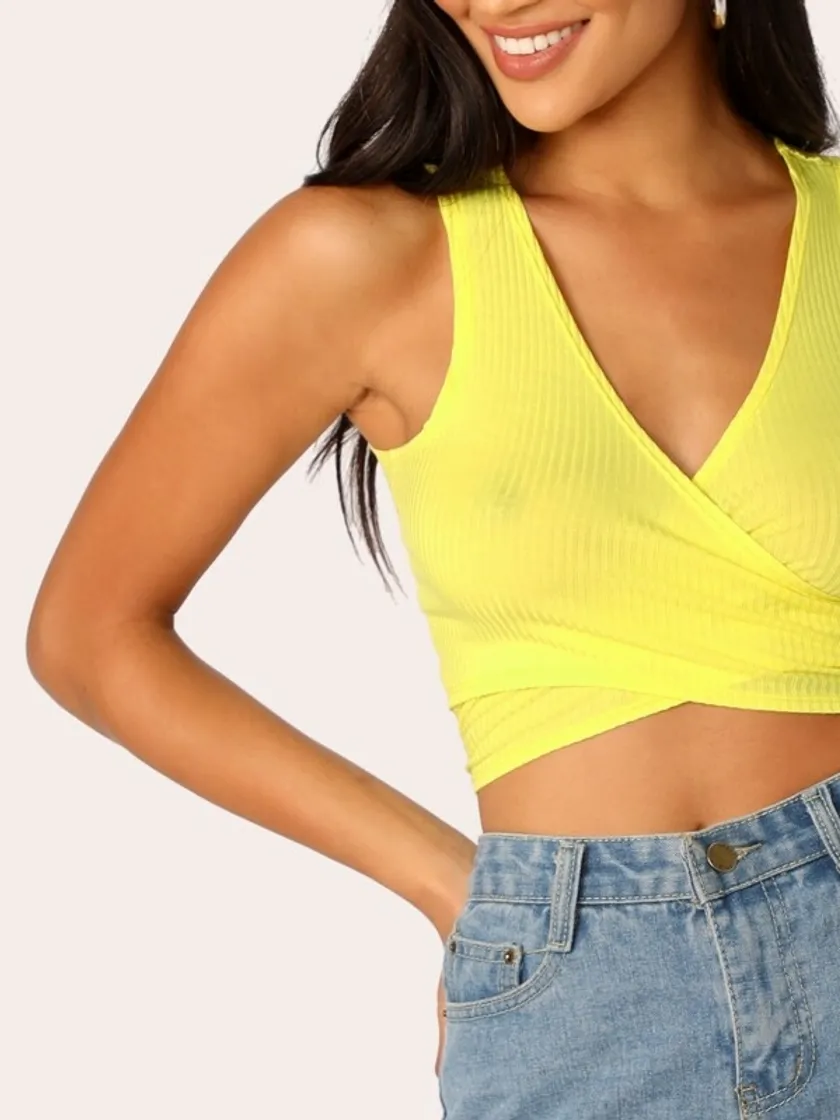 Moda Top amarillo neón con nudo