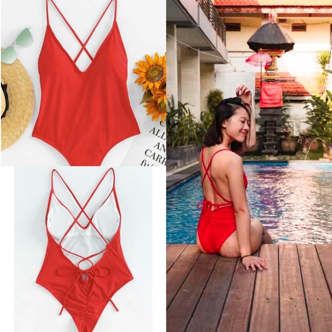 Moda Criss Cross Back Ruched Detail One Piece Swimsuit