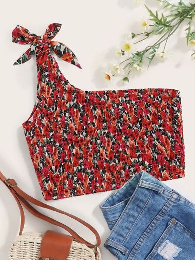 Tied One Shoulder Ditsy Floral Top