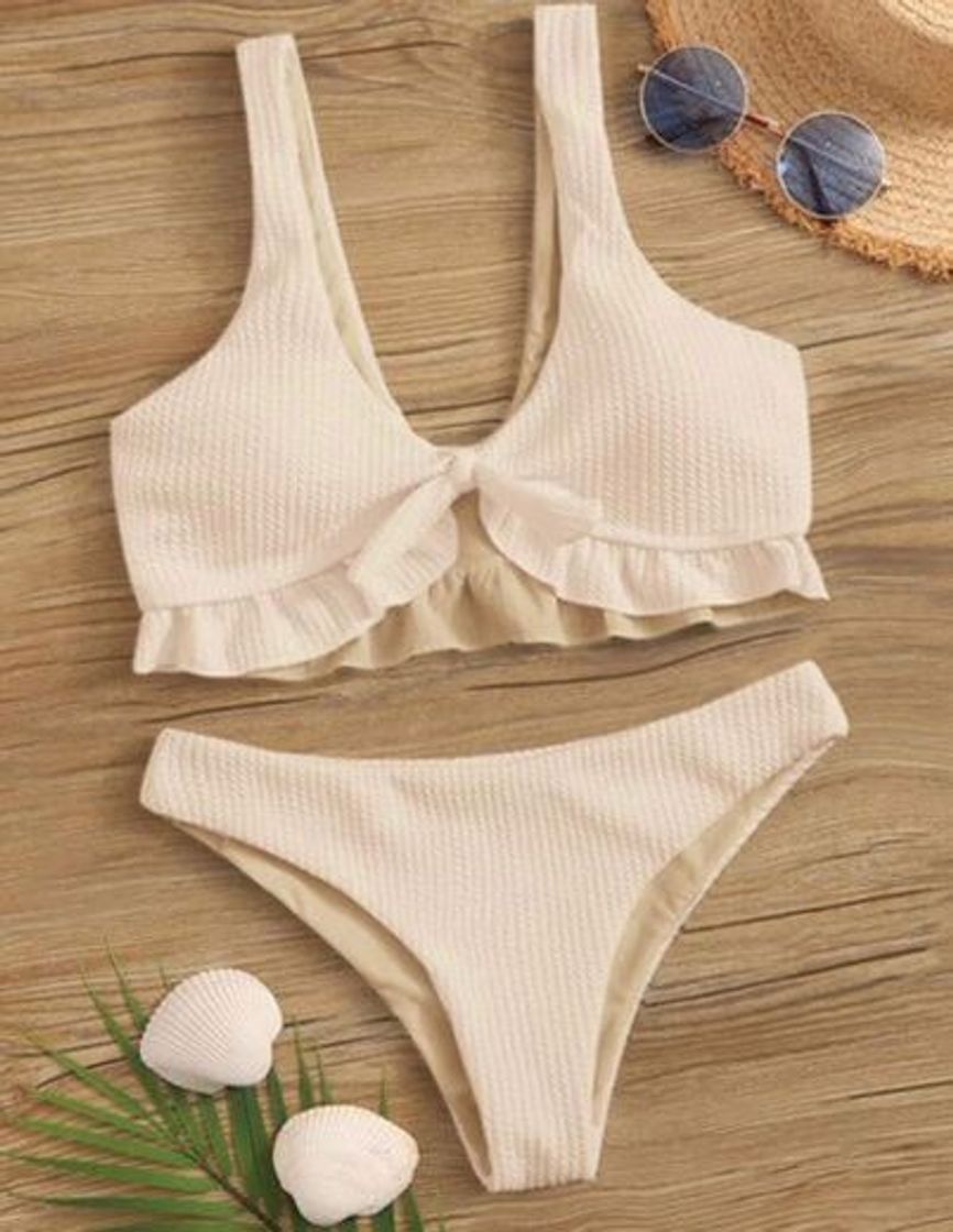 Moda Rib Knit Tie Front Ruffle Bikini Swimsuit SHEIN 