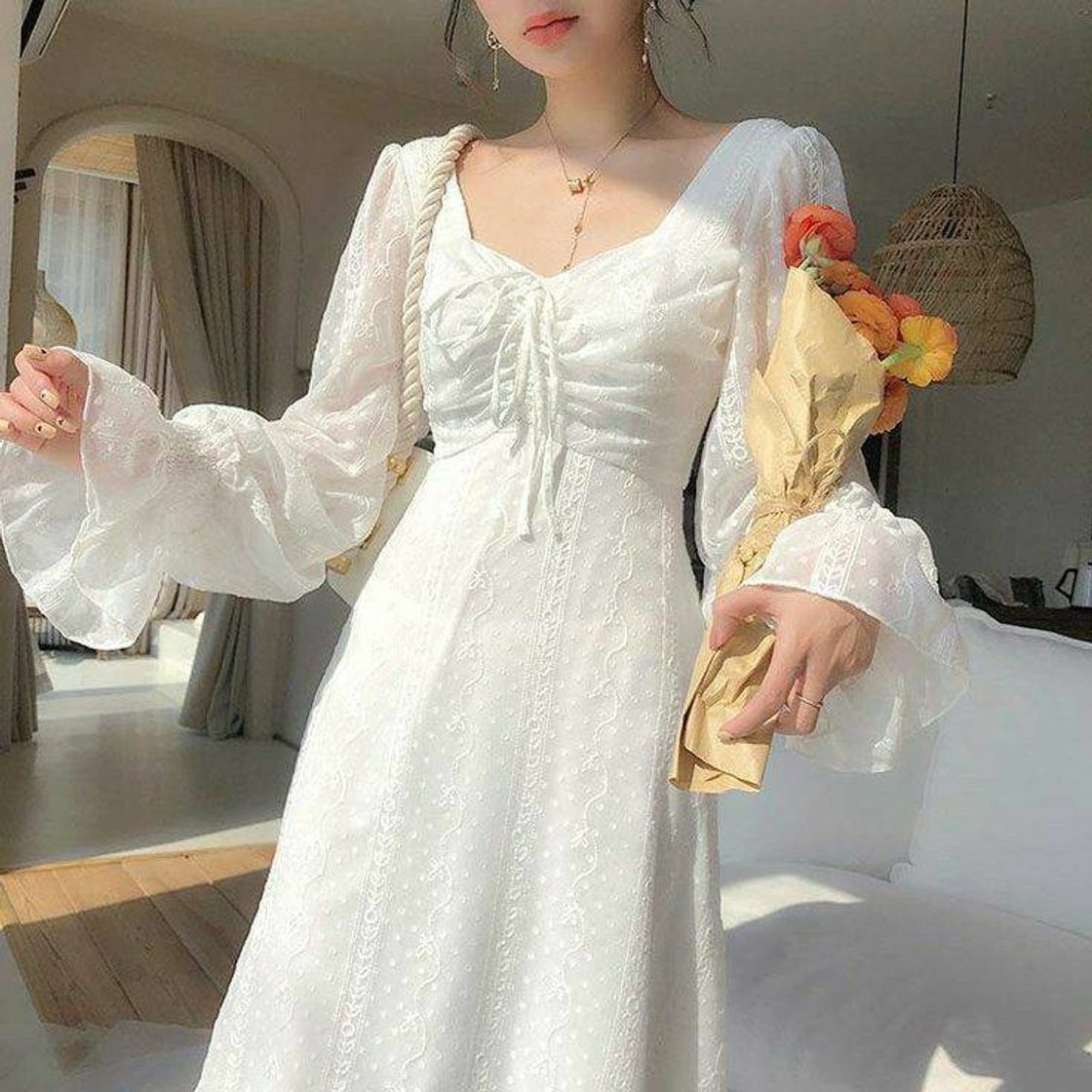 Fashion French style midi dress | Vestido branco vintage 