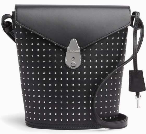 Social LOCK SMALL LEATHER STUD BUCKET BAG