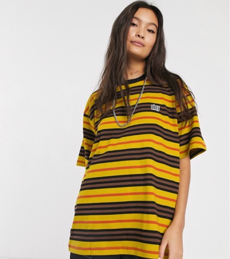 Fashion Obey boyfriend t-shirt in multi stripe with chest logo https