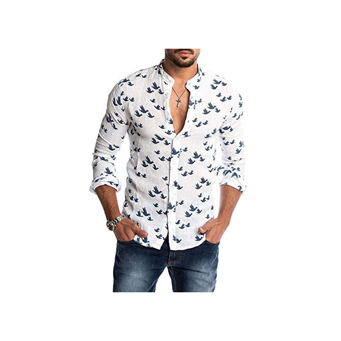 Products Loeay Camisas con Estampado de Pato Casual de Moda para Hombre Otoño Botón de Corte Slim Placket Collar de Corte Coreano Manga Larga Hombre Social Business Blanco XL