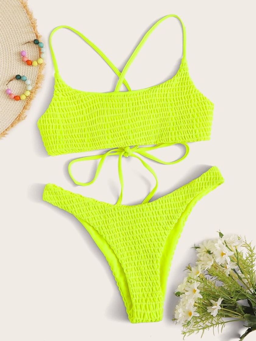 Fashion Neon Yellow Smocked High Leg Bikini Swimsuit