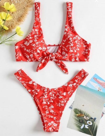 Bikini Vermelho Padrão Floral Zaful