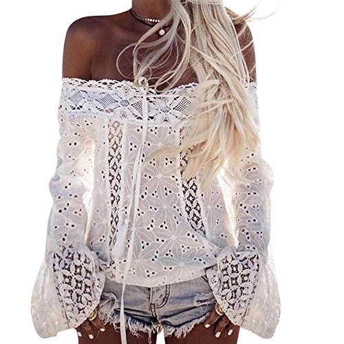 Social Tops Mujeres❤️Lonshell Camisetas Mangas Largas Hombros Expuestos Ropas Mujeres Señoras con Encaje