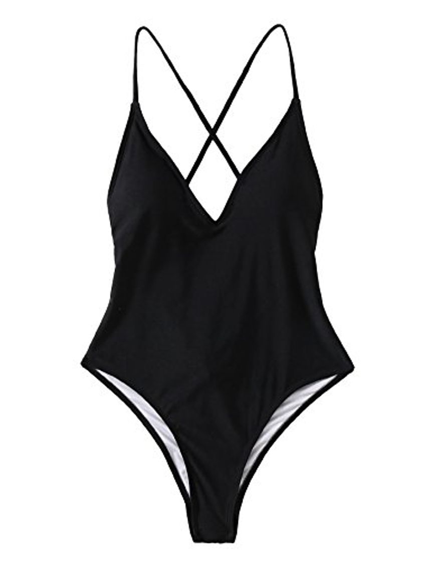 Moda SOLYHUX Mujer Ropa de Baño Vestido de Playa Set Biquini una pieza Con Cuello En V Con Cordones Cruzados En La Espalda， Negro Tamaño S