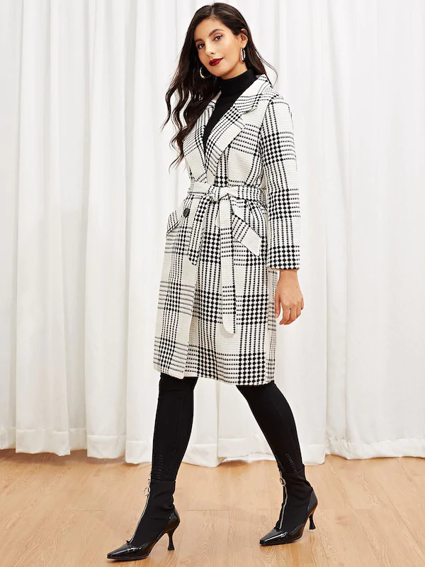 Moda Self Tie Plaid Pocket Side Coat | SHEIN USA