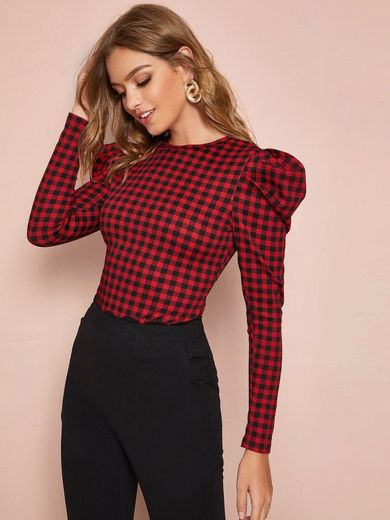 Gigot Sleeve Gingham Fitted Top