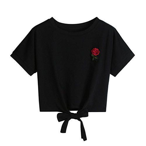 Goodsatar Mujer Rosa Manga corta Casual Camiseta Mezcla de algodón Cuello en
