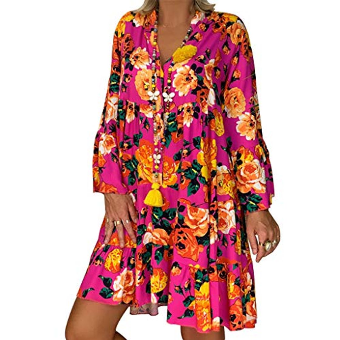 Social RISTHY Vestidos Mujer Suelto Verano Damas de Vestir Bohemia Vestido Talla Grande Camiseta Vestido Estamapdo Floral Casual Manga Larga Cuello V Vestido Midi Playa