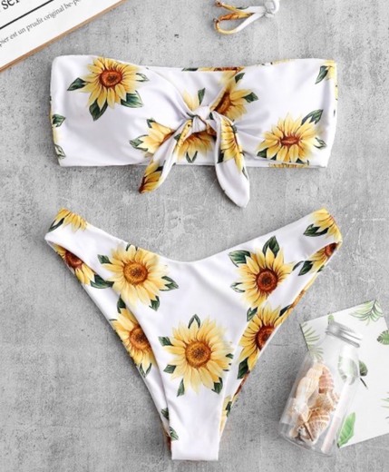 ZAFUL Knot Sunflower Print Bikini Set