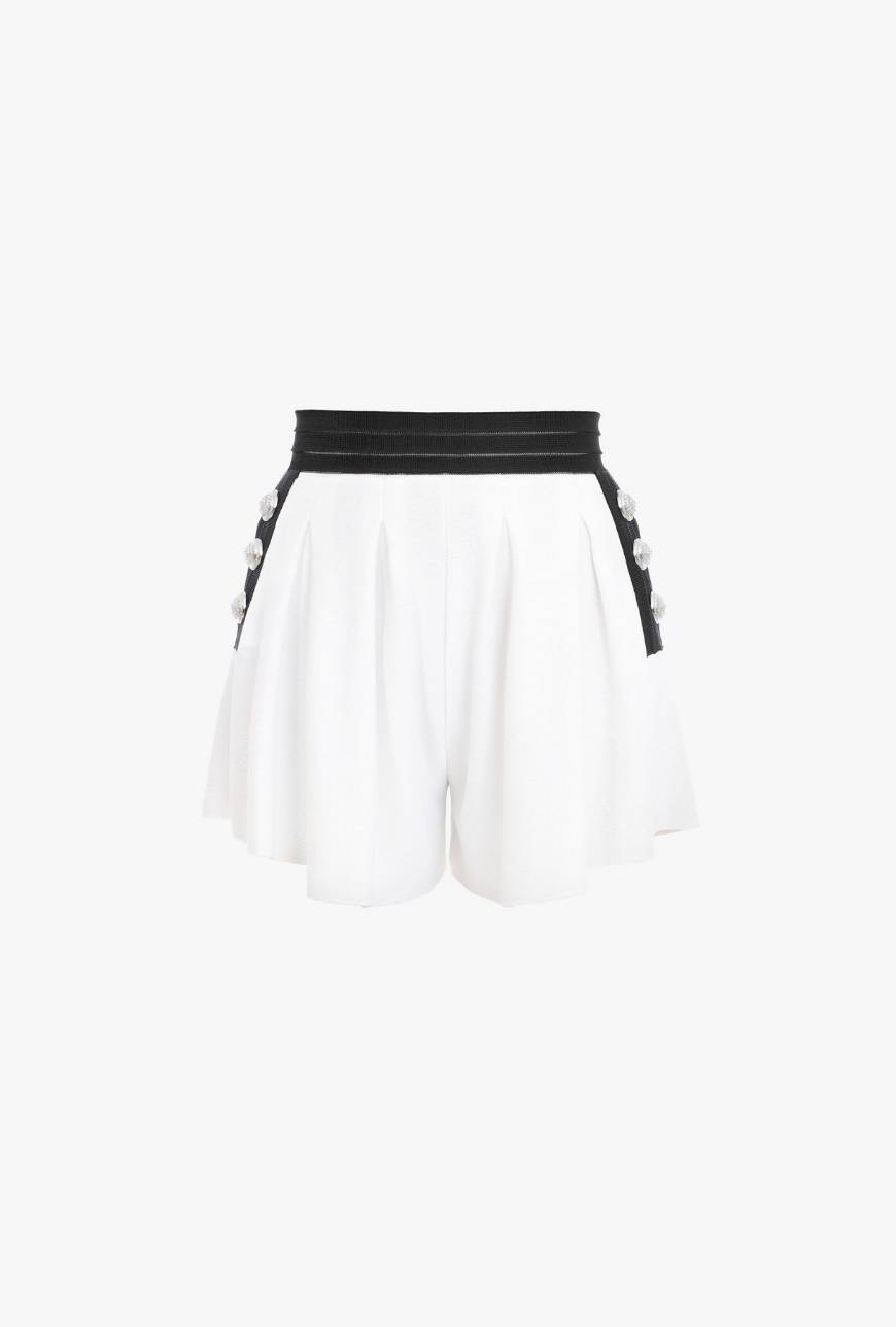 Productos White and black high-waisted knit shorts with silver-tone bu