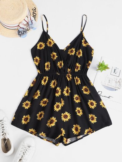 ZAFUL Surplice Elastic Waist Sunflower Cami Romper