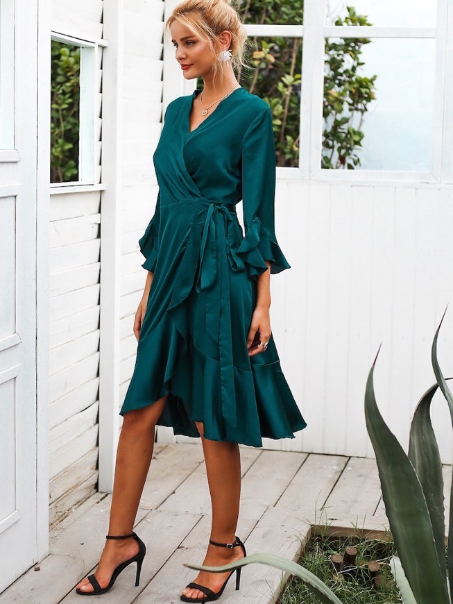 Product Simplee Asymmetrical Ruffle Hem Surplice Belted Satin Dress 