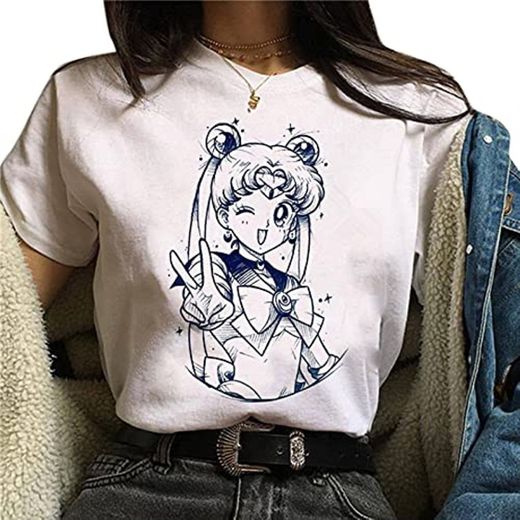 Animado de Sailor Moon Camiseta del Verano señoras de Las Mujeres Tsukino Usagi Historieta imprimió la Camiseta Floja Ocasional del Verano de Manga Corta Camiseta Tops