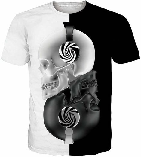 T-shirt preta caveira, ascutadores, yin-yang