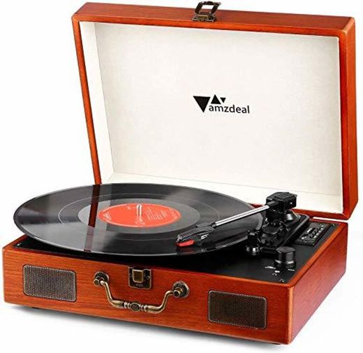 Tocadiscos - Amzdeal Tocadiscos de Vinilo Vintage DJ Bluetooth Portátil 3 Velocidades