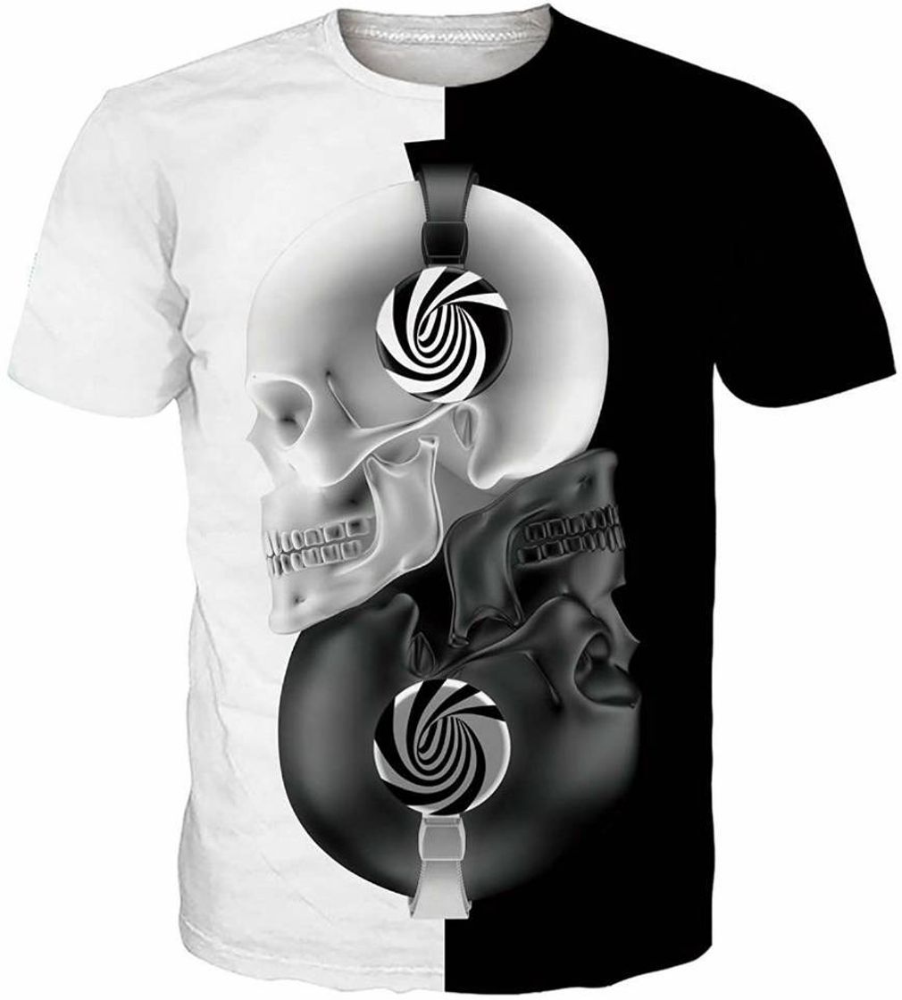 Moda T-shirt preta caveira, ascutadores, yin-yang