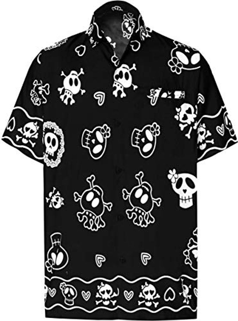 Producto LA LEELA Casual Camisa de Hombre Hawaiana Manga Corta Bolsillo Delantero Playa Vintage Piratas Skeleton Esqueleto Calabaza Skulls Cráneo Cosplay Disfraces De Fiesta De Halloween Costume Negro_W188 XS