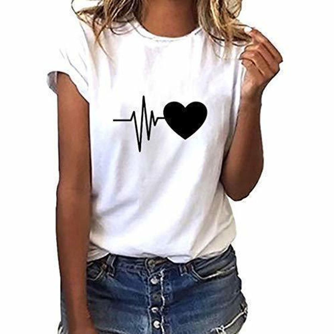 Social Camiseta de Mujer Manga Corta Corazón Impresión Blusa Camisa Cuello Redondo Basica