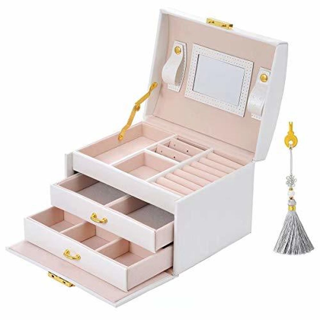 Sonnis Caja Joyero Caja de Joyas,Estuche Rectangular para Guardar Joyas,Pendientes,Anillos y Collares,Espejo