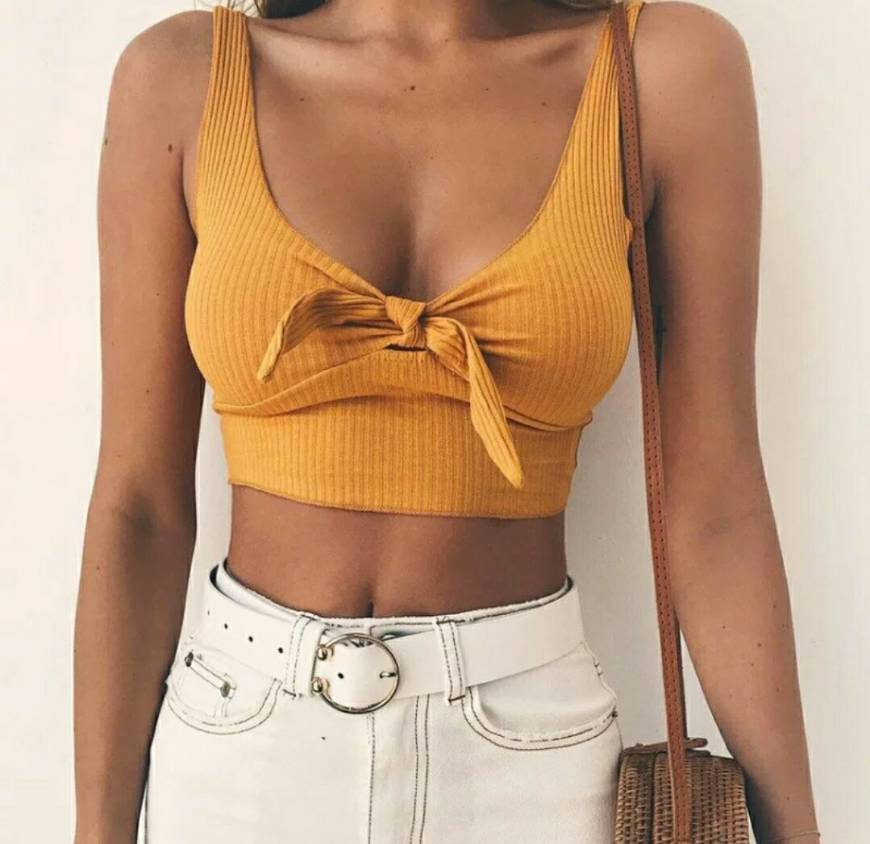 Fashion Cropped amarelo com laçarote