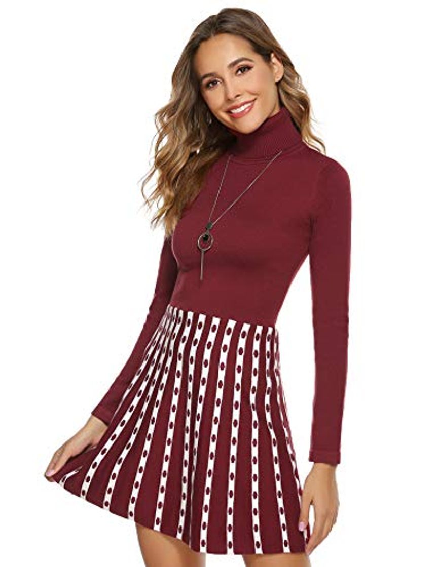 Moda Hawiton Vestido de Punto para Mujer Vestido de Suéter de Cuello Alto Elegante Jersey de Manga Larga de Una Línea para Otoño Invierno