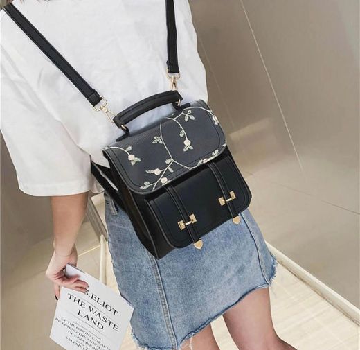Floral Embroidery Leather Backpack