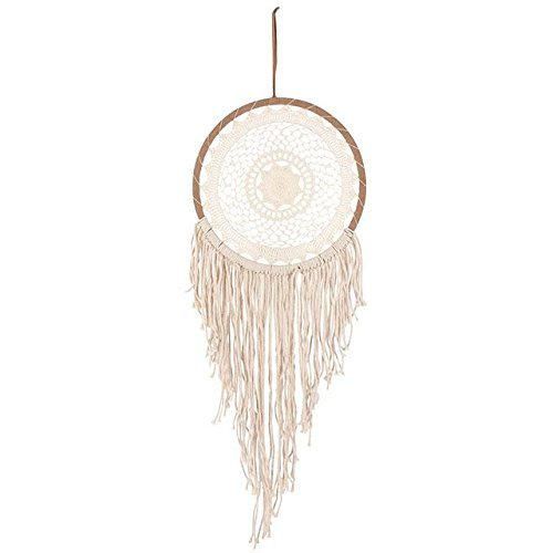 Atrapasueños circular con 32 cm ganchillo y flecos color beige-Dreamcatcher