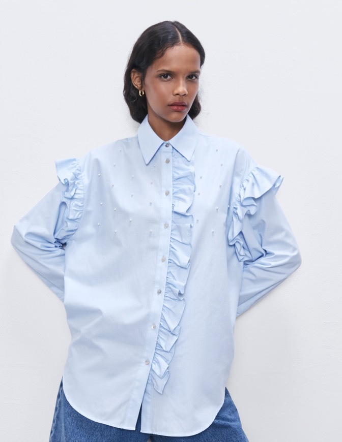 Social Camisa com folhos e pérolas