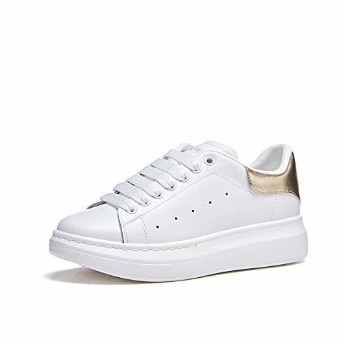 Mujer Zapatillas de Deporte Plataforma Cuero Moda Zapatos Bajas con Cordones Causal