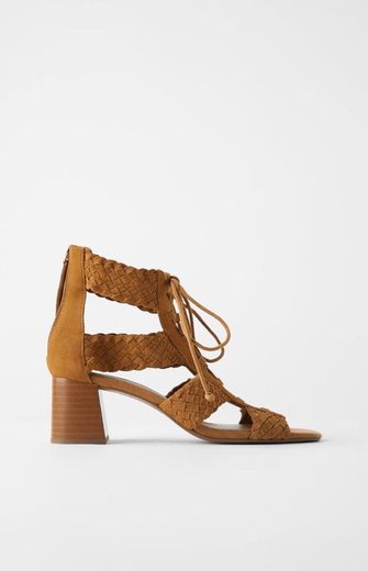 Braided leather mid-heel sandals-Zara
