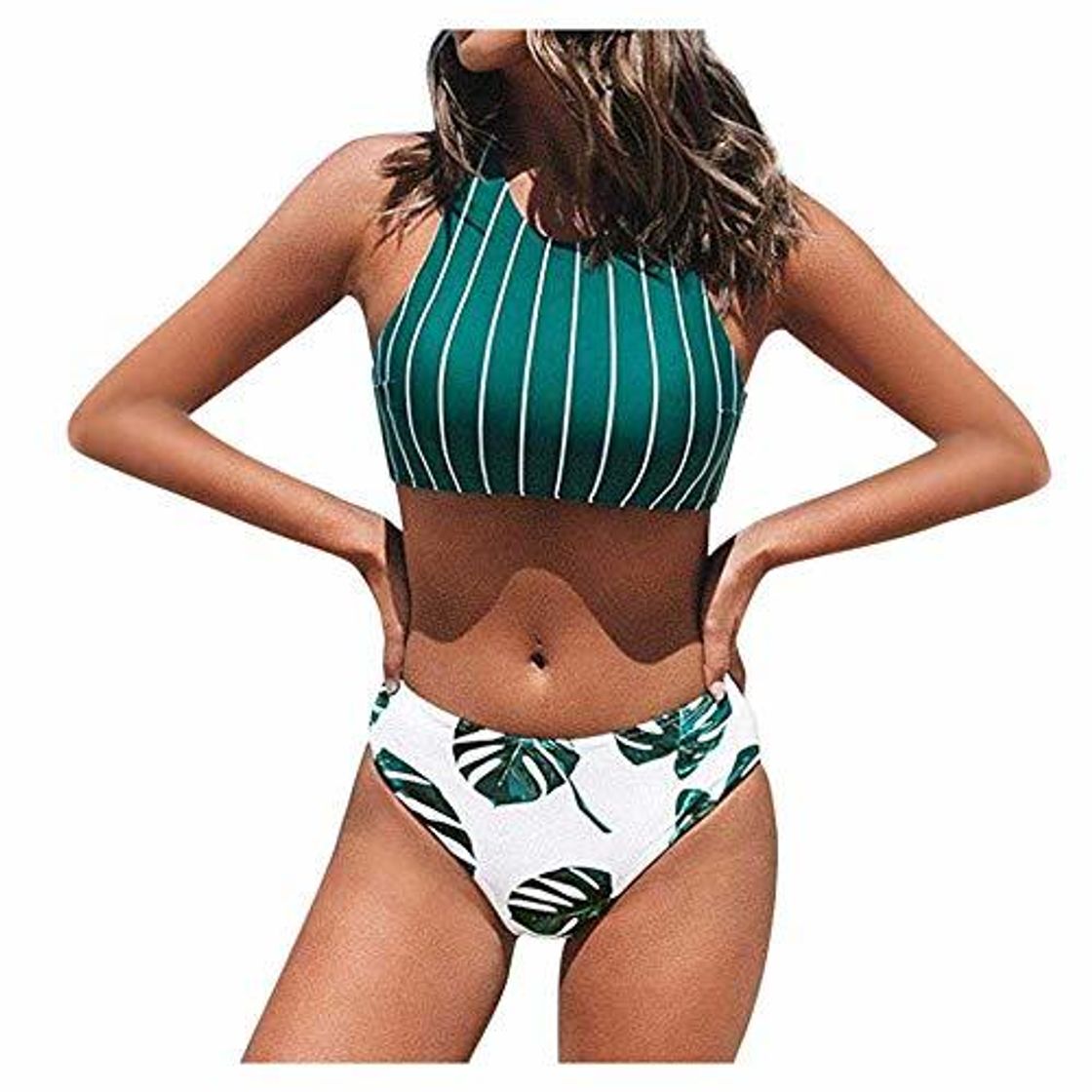 Fashion NOBRAND Bikini Cintura Alta Rayas Hojas Bikini Estampado a Rayas Traje de
