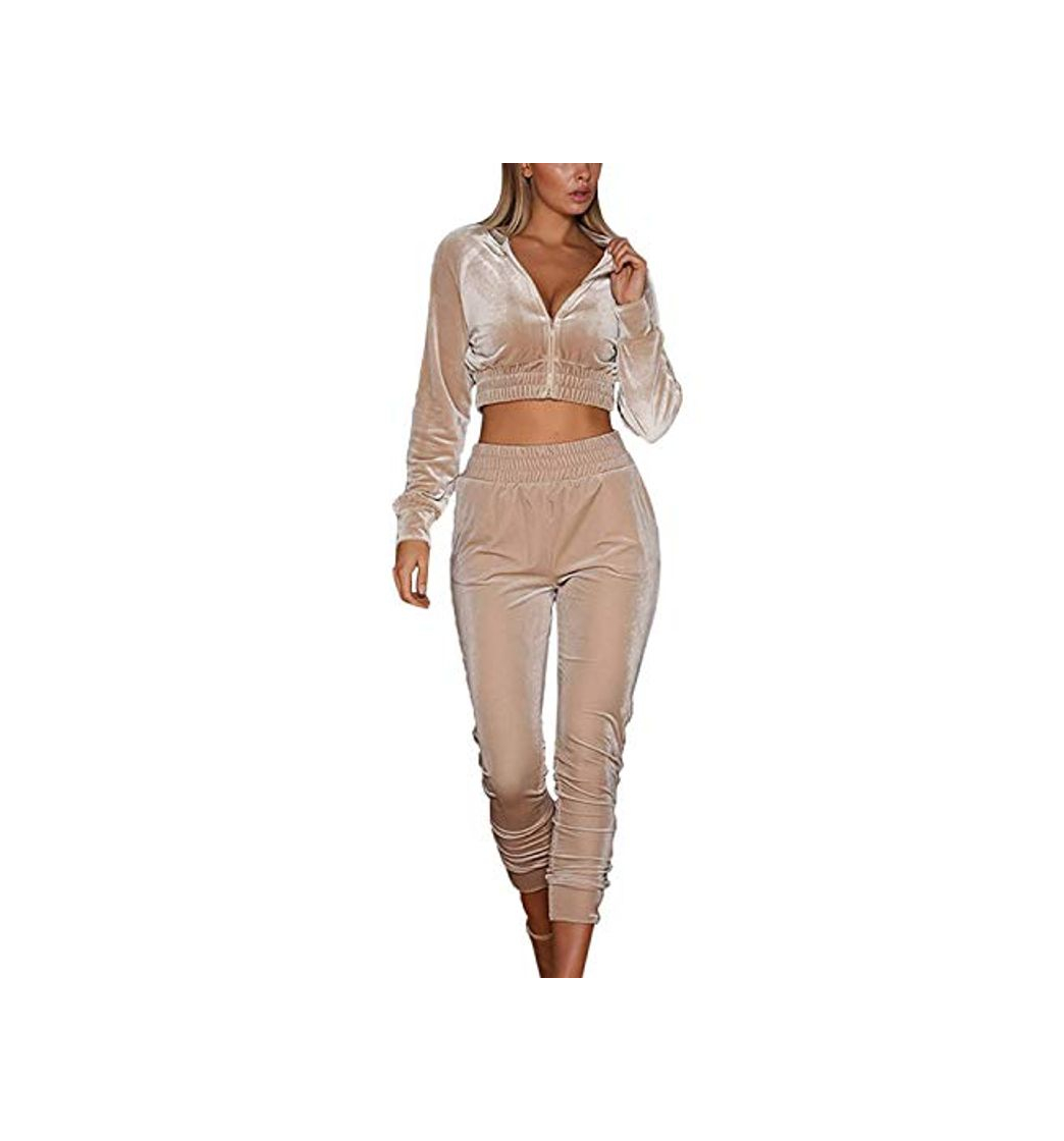 Moda Onsoyours Mujer Chándal De Terciopelo Chaqueta con Capucha De Manga Larga Sudadera Abrigo Conjunto Pantalones De Jogging Pantalones 2 Piezas Gimnasio Yoga Ropa Deportiva Outwear Beige 34