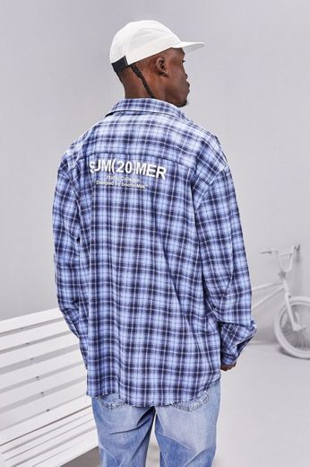 LS Raw Hem Oversized Check Shirt With Back Print