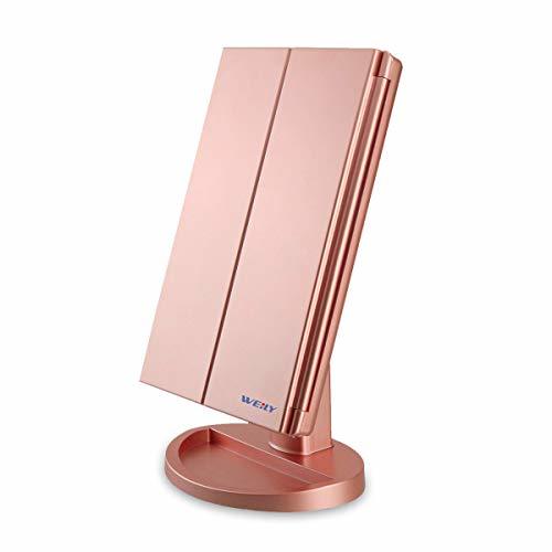 Social Espejo Maquillaje con Luz,WEILY Triple Espejo Plegable Lámpara LED 180 Grado de