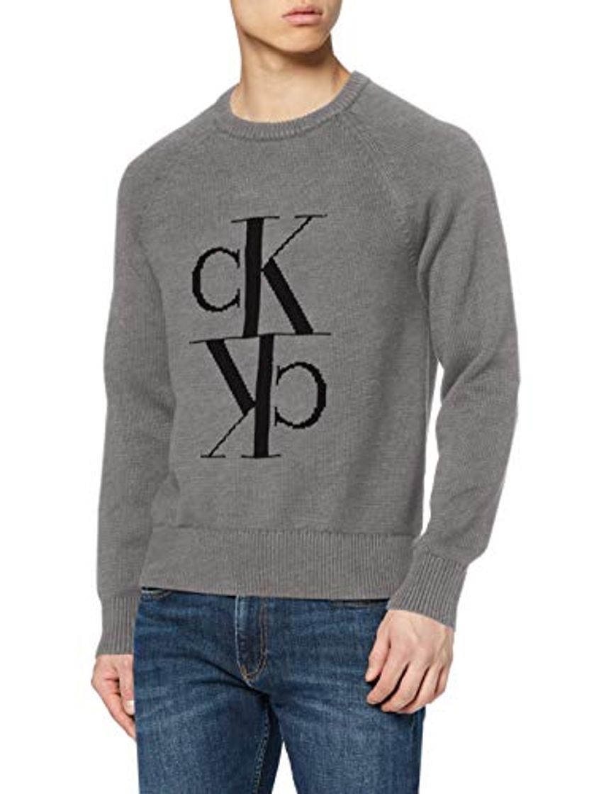 Fashion Calvin Klein Mirrored Monogram Cn Sweater Suéter, Mid Grey Heather