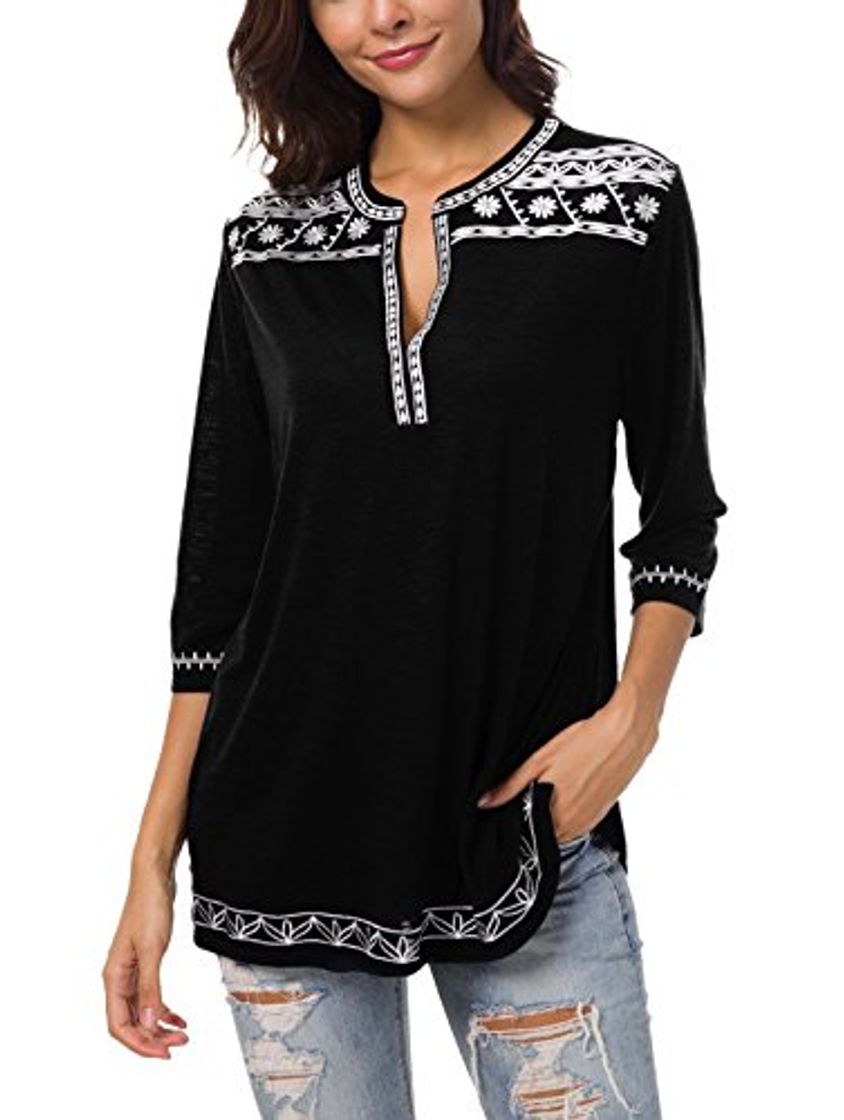 Fashion Urban GoCo Mujer Camisas Manga 3/4 Boho Blusa Bordado T-Shirt Tops