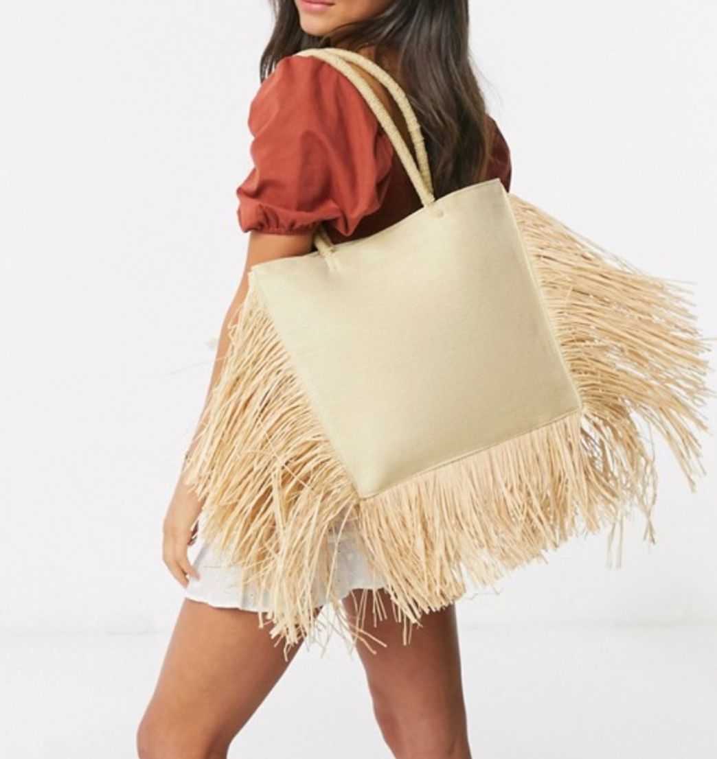 Fashion South Beach Exclusive straw tote bag with fringed edge in natural ...