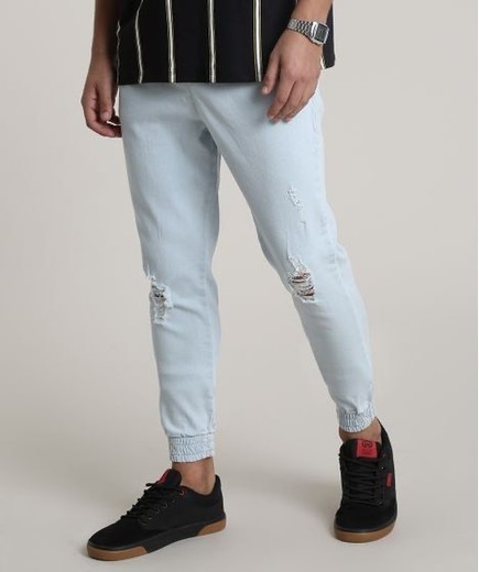 calça jeans masculina jogger slim com rasgos azul claro