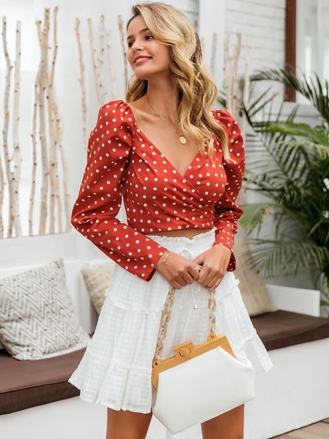 Fashion Simplee Zip Back Wrap Polka Dot Crop Top