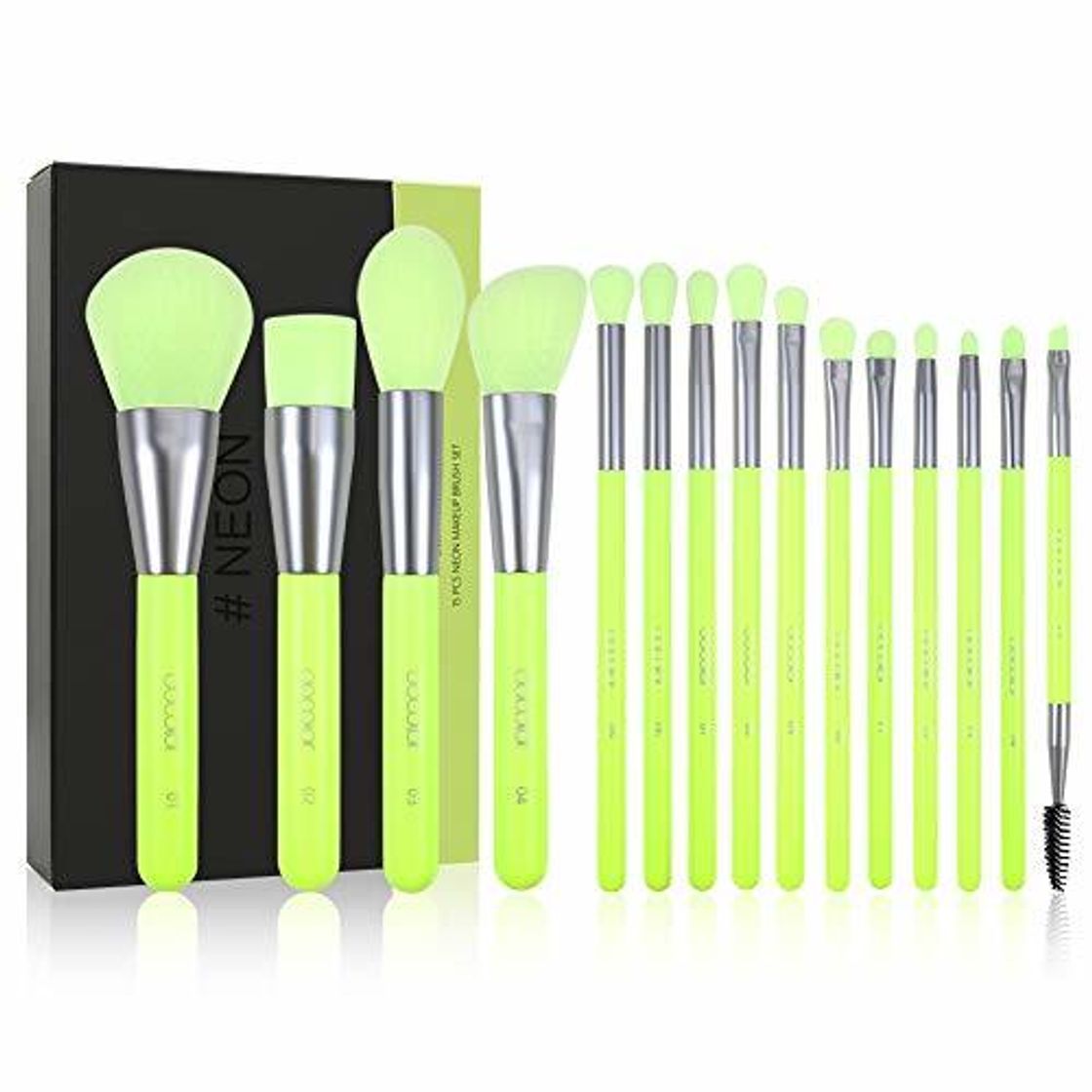 Social Docolor Makeup Brushes Set Neon Green 15Pcs Premium Premium Synthetic Kabuki Foundation