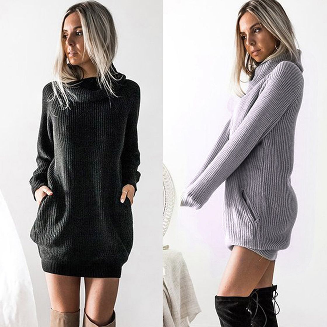 Moda Hawiton Vestido de Punto para Mujer Elegante Vestido de Suéter de Cuello Alto Jersey de Manga Larga de Una Línea para Otoño Invierno