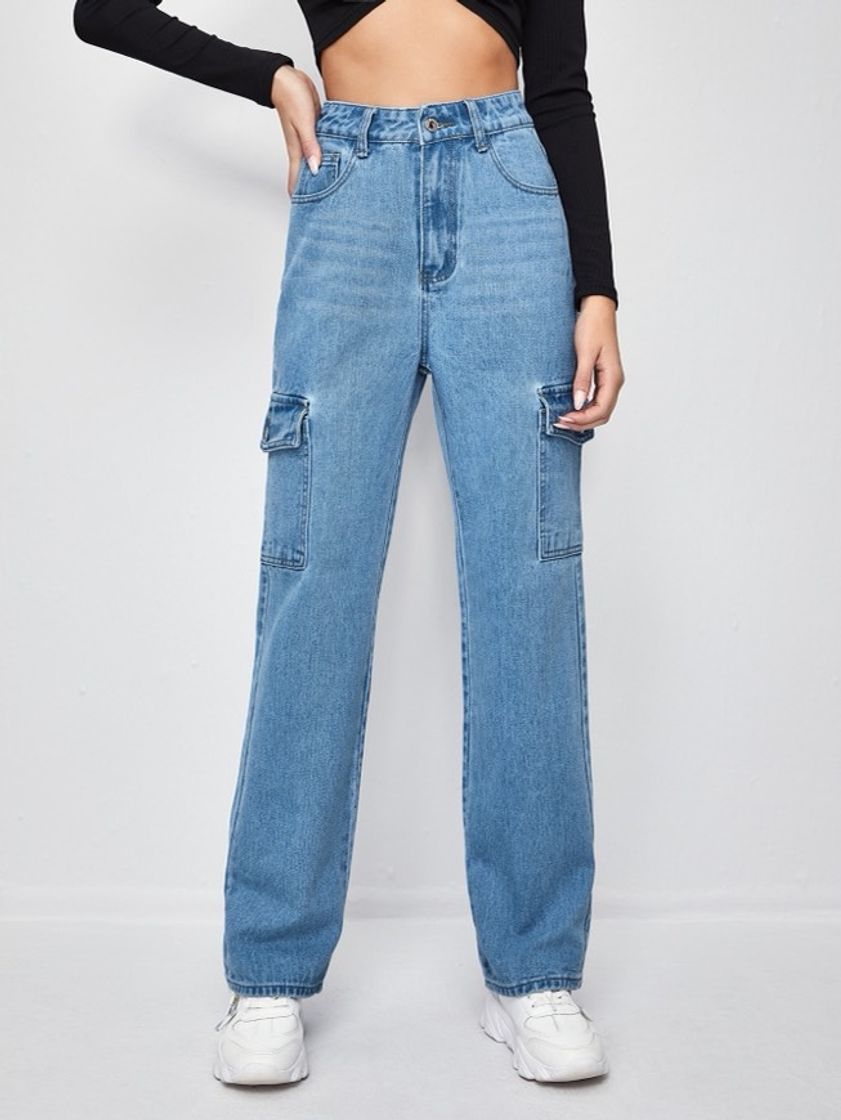 Fashion SHEIN Flap pocket straight jeans