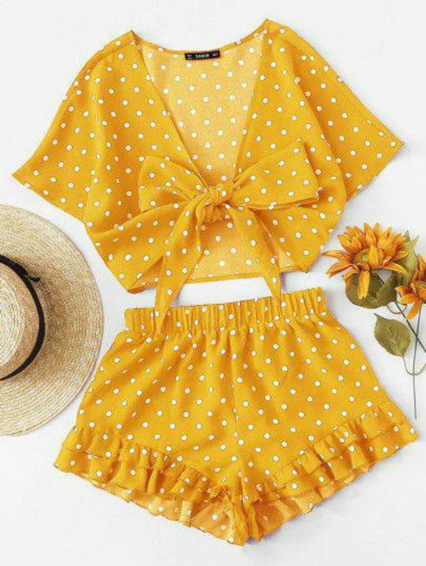 Fashion Polka Dot Knot Front Top And Ruffle Hem Shorts Set
